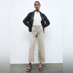 ZARA Marine Straight Jeans High Rise Raw Hem Beige Stone Color Size 6